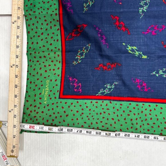 VGT GIVENCHY Paris scarf cotton/silk 34" Satin blue green red dot , (44) - Picture 7 of 10